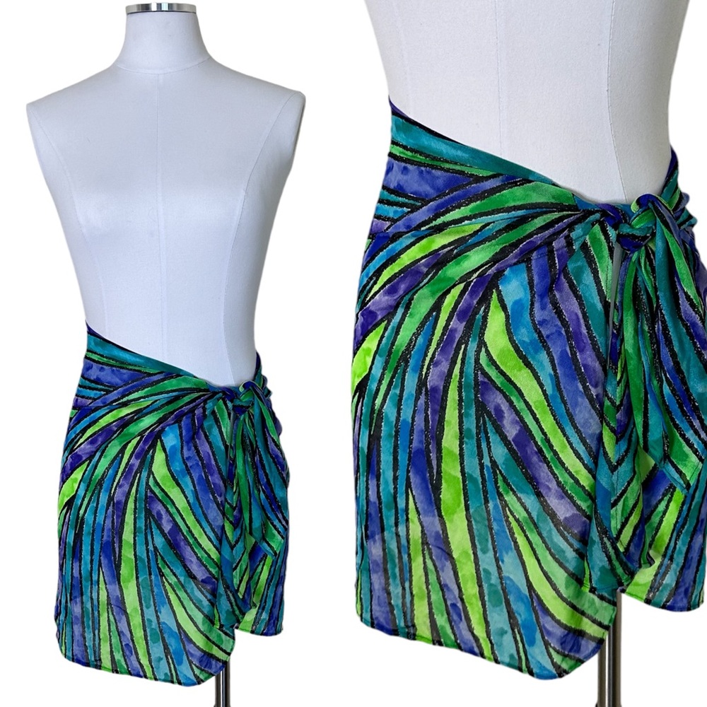 90s Vintage Green Blue Striped Sarong Wrap Swim Coverup Skirt